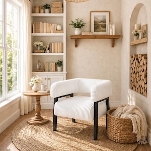 Puede incluir: Un ambiente acogedor en un sal&oacute;n con un sill&oacute;n blanco acanalado, patas negras y una alfombra redonda de yute. Una l&aacute;mpara colgante tejida cuelga encima. La habitaci&oacute;n incluye una estanter&iacute;a, una mesa auxiliar y una cesta con una manta.
