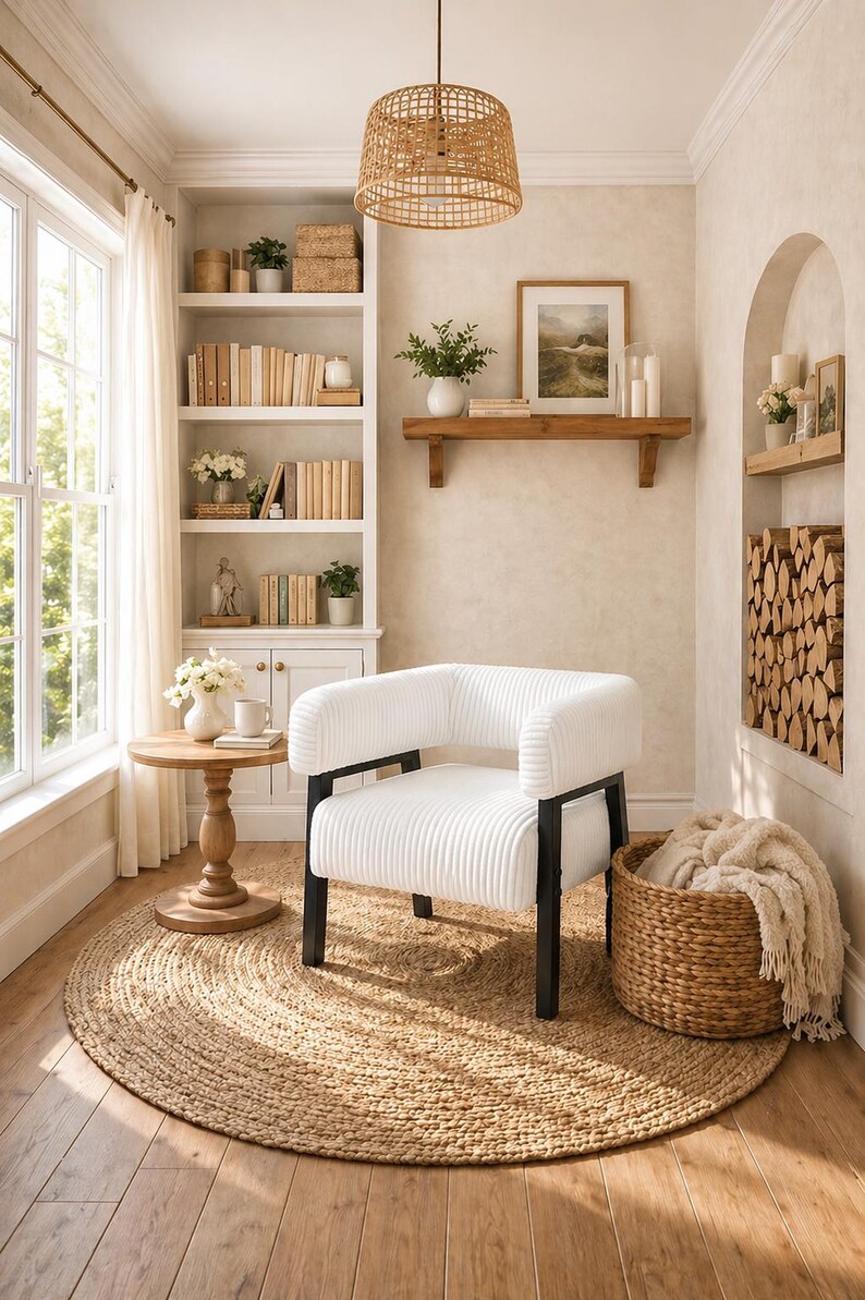 Puede incluir: Un ambiente acogedor en un sal&oacute;n con un sill&oacute;n blanco acanalado, patas negras y una alfombra redonda de yute. Una l&aacute;mpara colgante tejida cuelga encima. La habitaci&oacute;n incluye una estanter&iacute;a, una mesa auxiliar y una cesta con una manta.