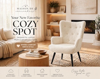 Ivory Boucle Wingback Accent Chair – Tufted Upholstered Reading Chair