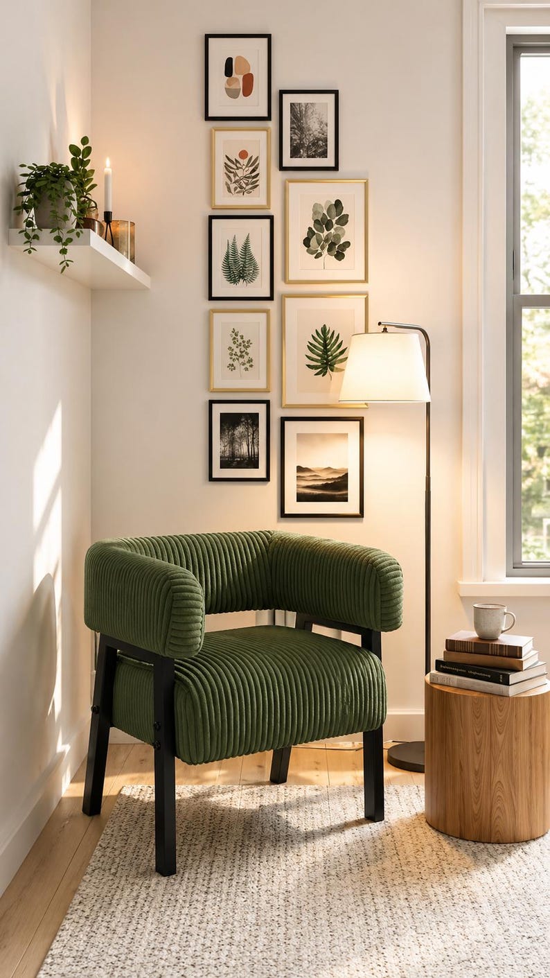 Puede incluir: Ambiente de sal&oacute;n con un sill&oacute;n de pana verde, marcos negros y una galer&iacute;a de estampados bot&aacute;nicos enmarcados. Una mesa auxiliar de madera, una l&aacute;mpara de pie y una estanter&iacute;a con una planta y una vela completan el espacio.