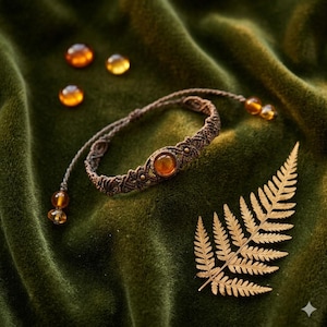 Handmade Natural Amber Macrame Bracelet, Adjustable Boho Brown Cord Woven Bracelet, Dainty Earthy Crystal Healing Jewelry Gift for Her