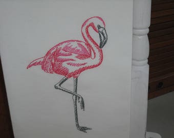 Flamingo Flour Sack Towel. Machine Embroidered.
