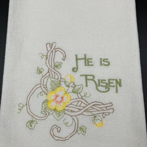 He is Risen Easter flour sack towel. Machine embroidered. Spring decor. Farmhouse decor. Farmhouse. Easter.