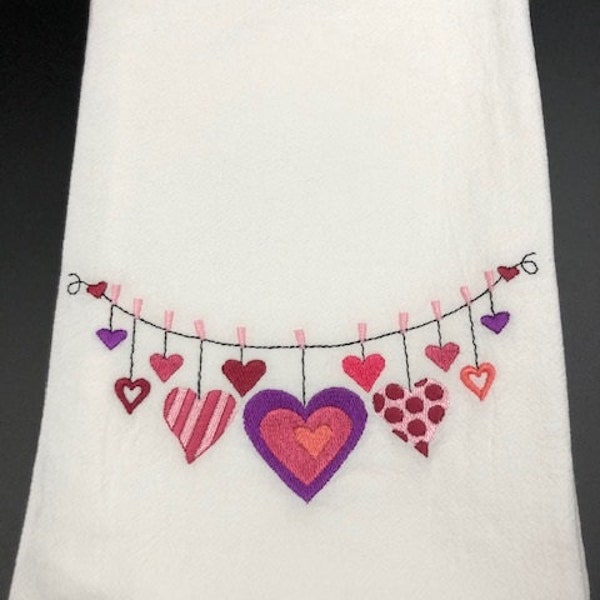 Valentine Hearts clothesline. Flour Sack Towel. Wedding. Shower Gift. Machine embroidered. Valentine's day.  Heart decor.