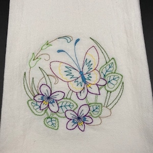 Vintage style Butterfly wreath floral flour sack towel. Machine embroidered. Spring decor. Spring towel. Hostess gift.
