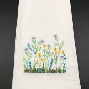 Thistle spring floral  Flour Sack Towel. Machine Embroidered. Farmhouse decor. Hostess gift.