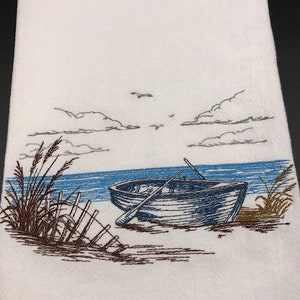 Beach themed Row Boat Flour Sack Towel. Machine Embroidered. Hostess gift. Beach decor. Row boat beach scene.