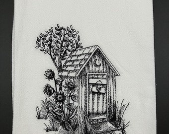 Vintage style Outhouse flour Sack Towel. Machine Embroidered. Farmhouse style. Vintage. Farmhouse decor. choice of color.