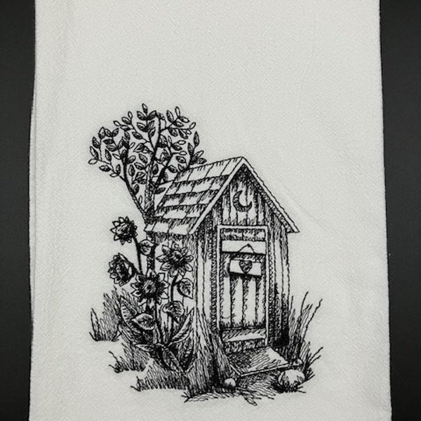 Vintage style Outhouse flour Sack Towel. Machine Embroidered. Farmhouse style. Vintage. Farmhouse decor. choice of color.
