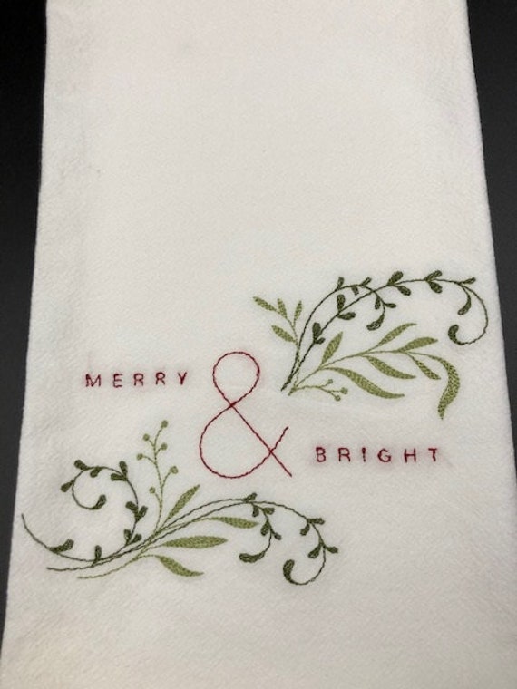 Merry and bright Christmas flour sack towel. Machine embroidered. Christmas decor. Christmas towel. Christmas hostess gift.