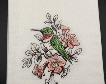 Humingbird Flour Sack Towel. Machine Embroidered.