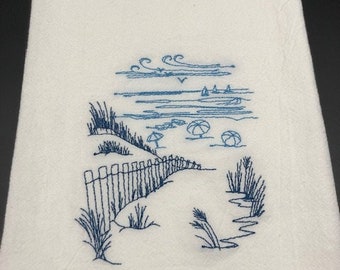 Beach themed Landscape Flour Sack Towel. Machine Embroidered. Hostess gift. Beach decor.