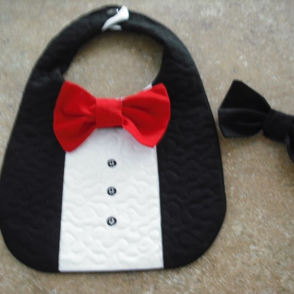 Tuxedo Bib. Baby Bib. Baby wedding bib. Machine Embroidered and machine quilted.