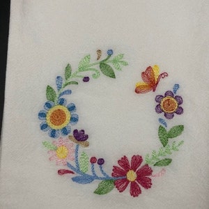 Butterfly wreath floral flour sack towel. Machine embroidered. Spring decor. Spring towel. Hostess gift.