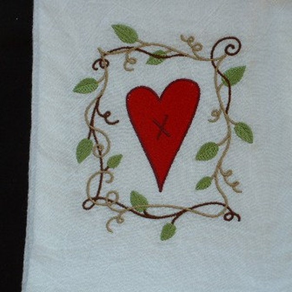 Valentine Heart Folk Art Style Flour Sack Kitchen Towel