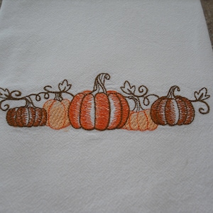 Vintage Farmhouse style Fall Pumpkin Border Autumn Fall Flour Sack Towel. Machine embroidered.