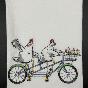 Hens on a bicycle  Chicken  Flour Sack Towel. Machine Embroidered. Farmhouse decor. Hen decor. Chicken decor. Chicken kitchen.