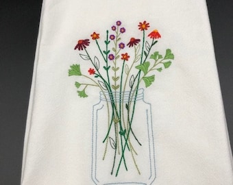 Fall flowers in mason jar Flour Sack Towel. Machine Embroidered.