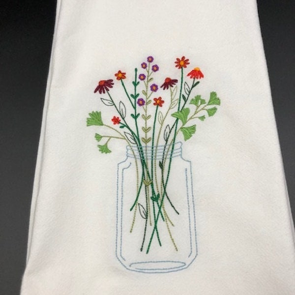 Fall flowers in mason jar Flour Sack Towel. Machine Embroidered.