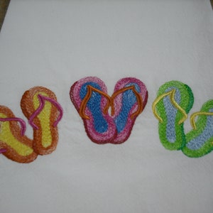 Flip-flop beach-themed Flour Sack Towel. Machine Embroidered.
