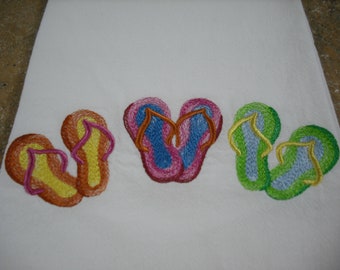 Flip-flop beach-themed Flour Sack Towel. Machine Embroidered.