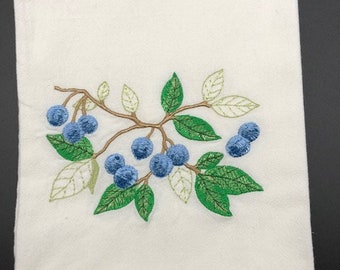 Blueberry flour sack kitchen towel. Machine embroidered.