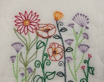 Flowered Flour Sack Towel. Machine Embroidered.
