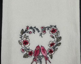 Valentine's heart and birds flour sack towel. Machine embroidered. Valentine decor. Lovebirds.