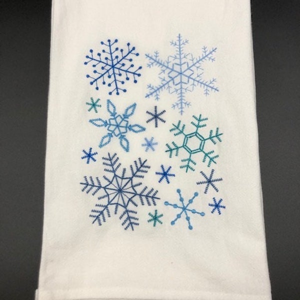 Winter Snowflakes flour sack towel. Machine embroidered. Kitchen snowflakes. Snowflake Decor.