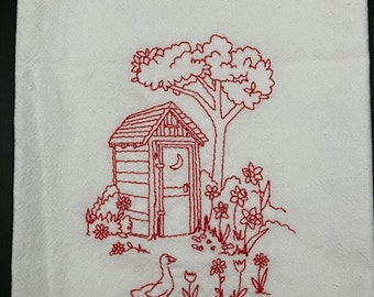 Vintage style redwork Outhouse Farm scene flour Sack Towel. Machine Embroidered. Farmhouse style. Vintage. Farmhouse decor.