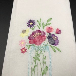 flowers in mason jar Flour Sack Towel. Machine Embroidered.