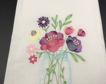flowers in mason jar Flour Sack Towel. Machine Embroidered.