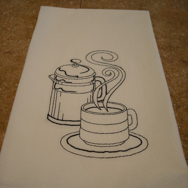 Coffee themed flour sack towel. Machine embroidered.