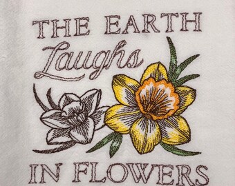 Spring Daffodil Flower Easter Flour Sack Towel. Machine embroidered.