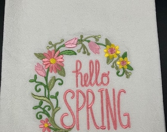 Hello spring floral flour sack towel. Machine embroidered. Farmhouse. Floral decor. Spring decor. Easter decor.