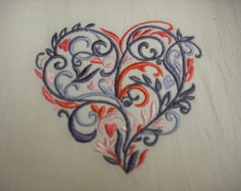 Filigree Heart Valentine's Day flour sack towel. Machine embroidered.
