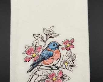 Bluebird Flour Sack Towel. Machine Embroidered.