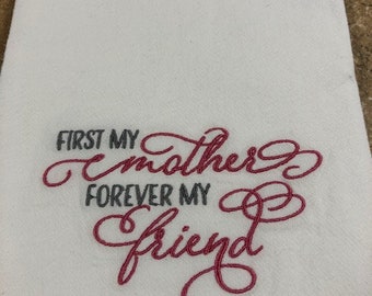 Mother's Day "Mom" flour sack towel. Machine embroidered.
