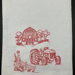 Vintage style redwork Tractor Farm scene flour Sack Towel. Machine Embroidered. Farmhouse style. Vintage. Farmhouse decor.