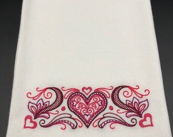 Heart Valentine's Day flour sack towel. Machine embroidered.