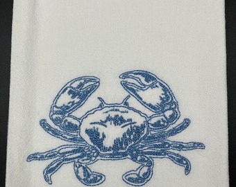 Crab Beach themed Flour sack towel. Kitchen Decor. Hostess gift. Machine embroidered. Beach decor.