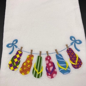 Flip-flop beach-themed Flour Sack Towel. Machine Embroidered.