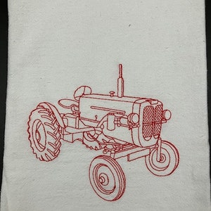 Vintage style redwork Tractor Farm scene flour Sack Towel. Machine Embroidered. Farmhouse style. Vintage. Farmhouse decor.