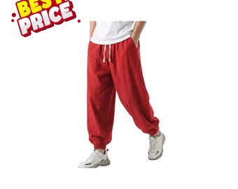Men’s Cotton Linen Harem Pants Drawstring Loose Baggy Casual Streetwear Gym Trousers