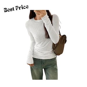 Camiseta básica de manga larga y cuello redondo de corte ajustado para mujer, suave, informal y elástica para uso diario.