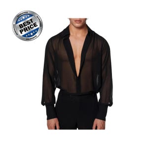 Men Sheer Mesh See Through Black Long Sleeve Button Down Party Streetwear Shirt Retro Style