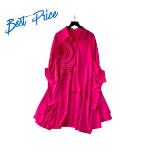 Women Loose Batwing Sleeve Irregular Hem Floral 3D Chic Turndown Collar Elegant Blouse Tops