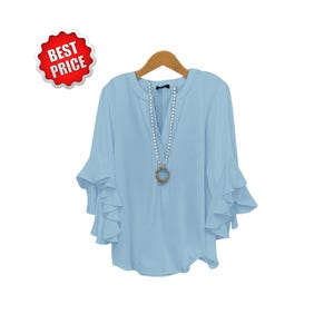 Dames blouse met V-hals en ruche mouwen Elegante losse casual vloeiende top