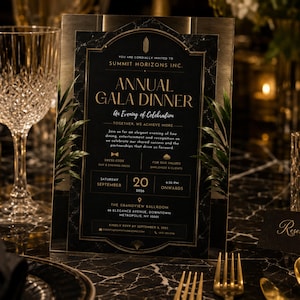 Może przedstawiać: Eleganckie zaproszenie na doroczną Galę Dinner, z czarno-złotym designem. Tekst brzmi "Summit Horizons Inc." i zawiera szczegóły wydarzenia. Zaproszenie leży na stole z kryształowymi kieliszkami, świecami i sztućcami.