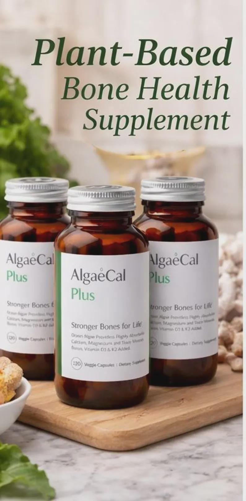 May include: Three brown glass bottles of AlgaeCal Plus plant-based bone health supplement with white labels. The bottles are on a wooden surface, with text that reads "Stronger Bones for Life". The image also includes text that reads "Plant-Based Bone Health Supplement".